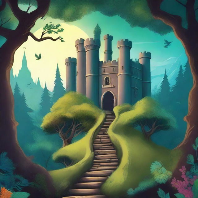 Create a captivating book cover featuring a mysterious forest with a winding path leading to an ancient castle