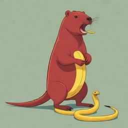 A cartoonish image of a red capybara comically crushing a yellow snake under its foot.