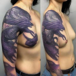 A thick Cherokee girl with intricate purple Chinese dragon scales tattooed on the side of her neck and shoulder