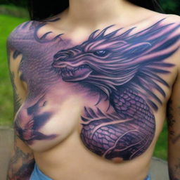 A thick Cherokee girl with intricate purple Chinese dragon scales tattooed on the side of her neck and shoulder