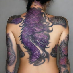 A thick Cherokee girl with intricate purple Chinese dragon scales tattooed on the side of her neck and shoulder