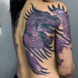 A thick Cherokee girl with intricate purple Chinese dragon scales tattooed on the side of her neck and shoulder