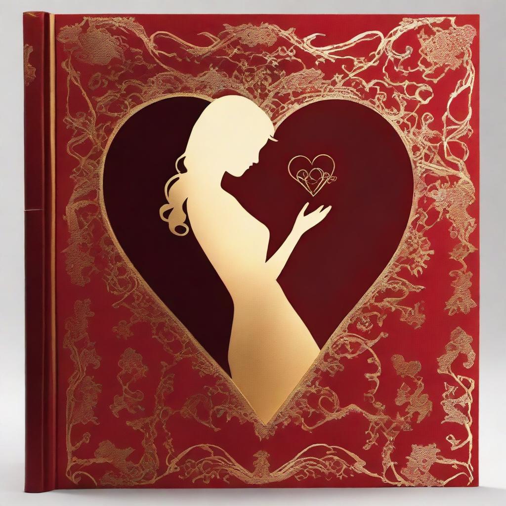 Design a book cover with a silhouette of a woman's figure faded in the background, covered by a red velvet sheet in a bed to show elegance and wealth