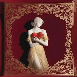 Design a book cover with a woman's figure faded in the background, covered by a red velvet sheet in a bed to show elegance and wealth