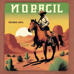 A classic western book cover featuring a cowboy on horseback, riding through a dusty desert landscape with cacti and a setting sun in the background