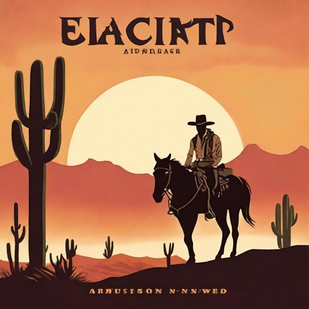 A classic western book cover featuring a cowboy on horseback, riding through a dusty desert landscape with cacti and a setting sun in the background