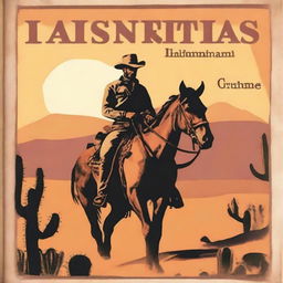 A classic western book cover featuring a cowboy on horseback, riding through a dusty desert landscape with cacti and a setting sun in the background