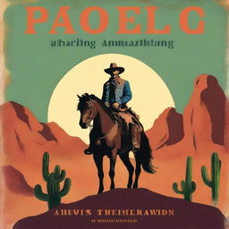 A classic western book cover featuring a cowboy on horseback, riding through a dusty desert landscape with cacti and a setting sun in the background