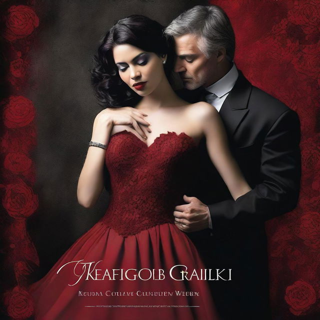 Create a dramatic book cover featuring a raceless woman in an extravagant gown with a beautiful neckline