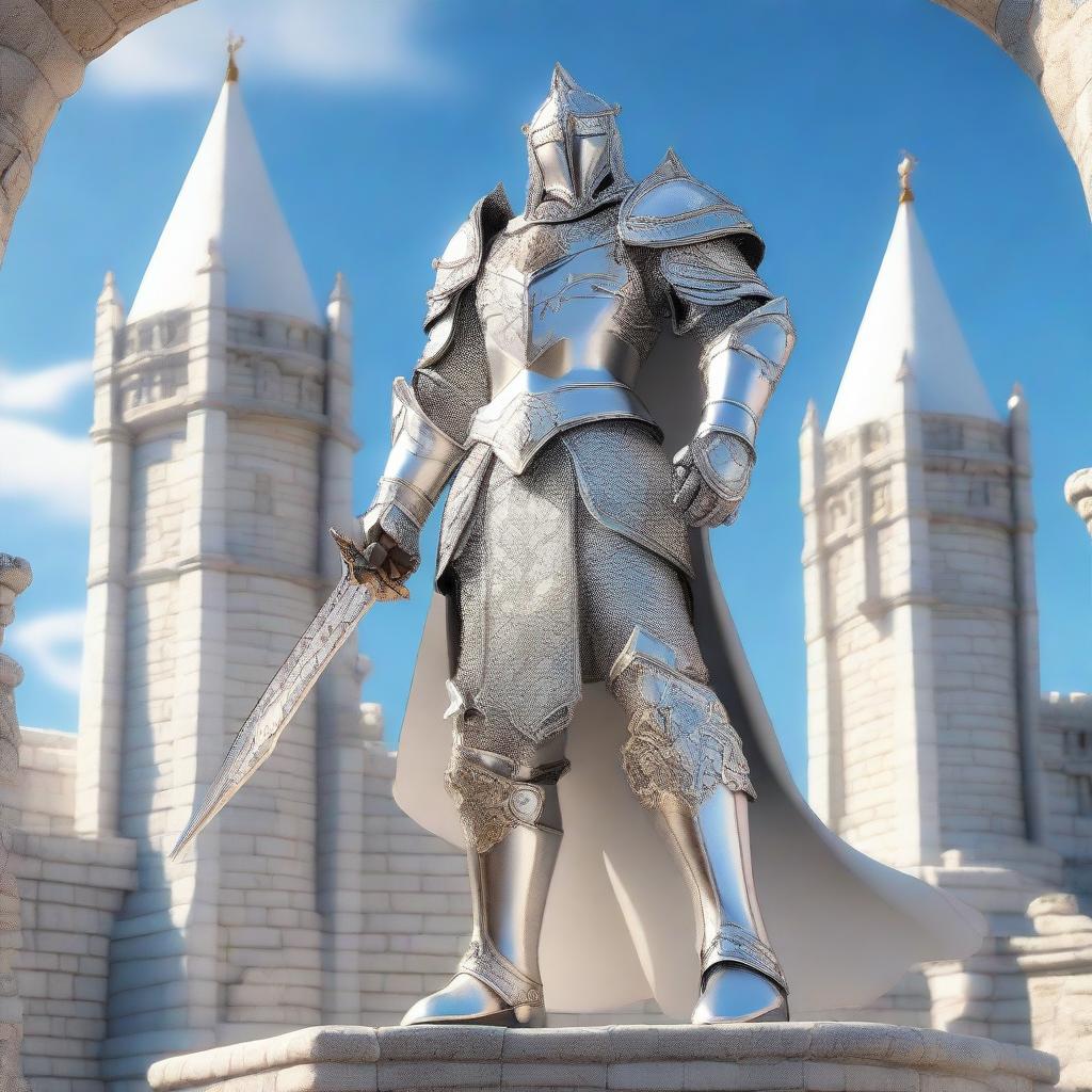 A valiant paladin clad in shining white brigandine armor, standing heroically with a radiant sword in hand