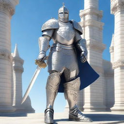 A valiant paladin clad in shining white brigandine armor, standing heroically with a radiant sword in hand