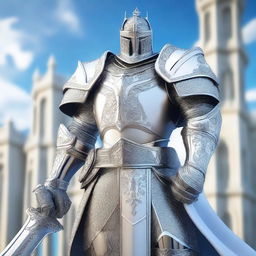 A valiant paladin clad in shining white brigandine armor, standing heroically with a radiant sword in hand