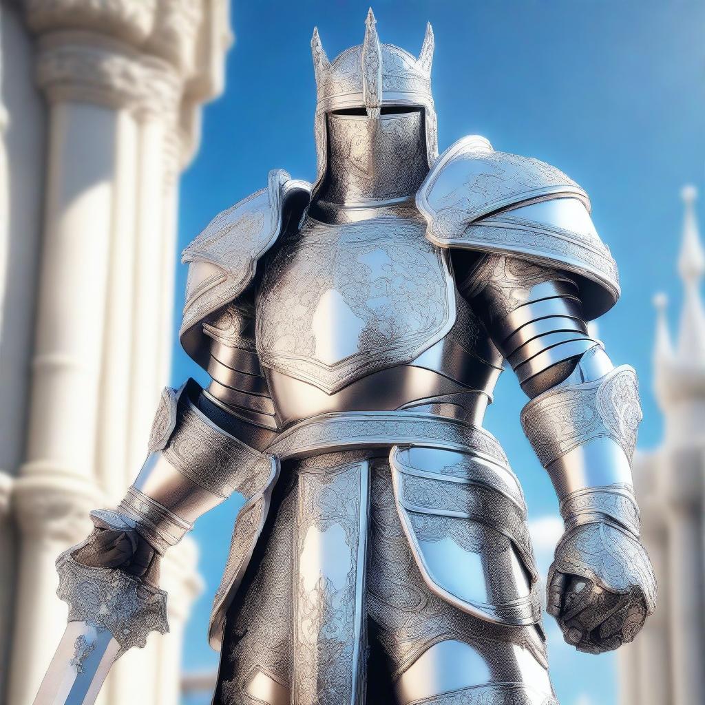 A valiant paladin clad in shining white brigandine armor, standing heroically with a radiant sword in hand