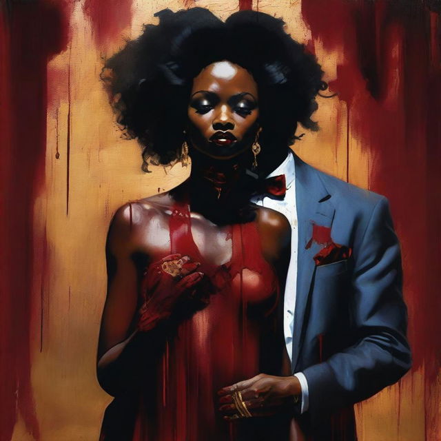 Create an image of a black woman in an extravagant gown being slit in the throat by a Caucasian man in an expensive suit, with blood running down her chest, yet she smirks as if the cut isn't real