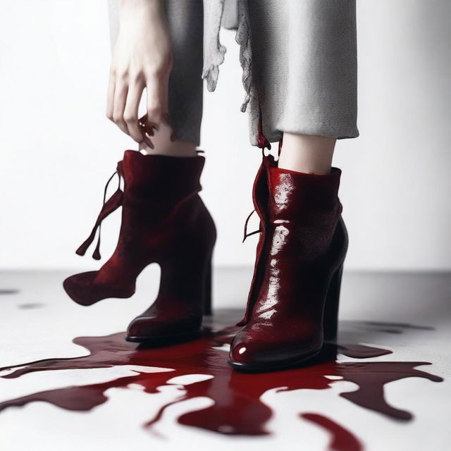 Create an image showing a woman's hand holding a velvet scarf dripping blood onto her expensive shoes