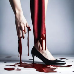 Create an image showing a woman's hand holding a velvet scarf dripping blood onto her expensive shoes