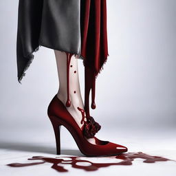 Create an image showing a woman's hand holding a velvet scarf dripping blood onto her expensive shoes