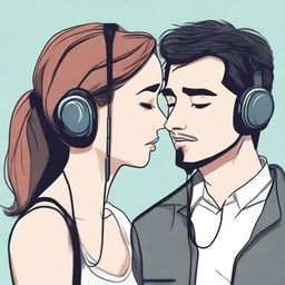 A woman is listening to a man's heart using an earphone that is plugged into the man's chest