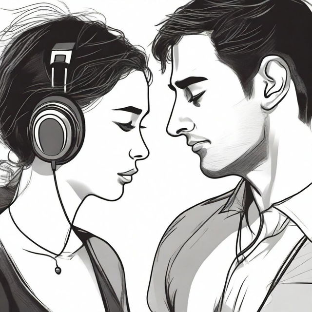 A woman is listening to a man's heart using an earphone that is plugged into the man's chest