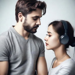 A woman is listening to a man's heart using an earphone that is plugged into the man's chest