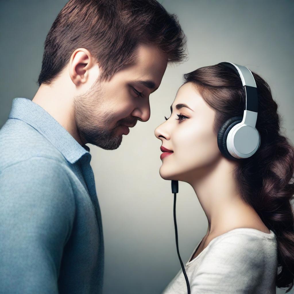 A woman is listening to a man's heart using an earphone that is plugged into the man's chest