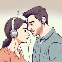 A woman is listening to a man's heart using an earphone that is plugged into the man's chest