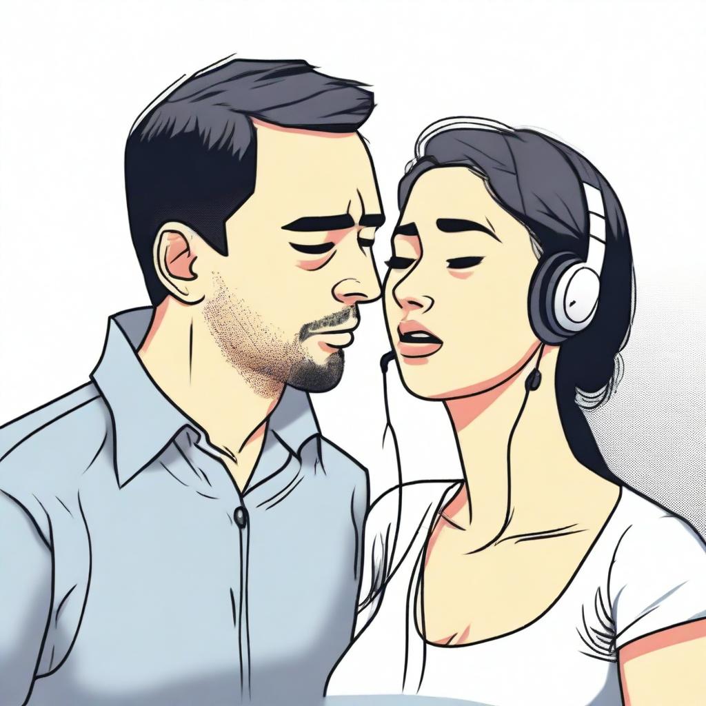 A woman is listening to a man's heart using an earphone that is plugged into the man's chest