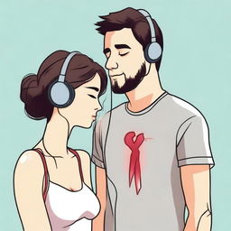 A woman is listening to a man's heart using an earphone that is plugged into the man's chest