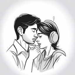 A woman is listening to a man's heart using an earphone that is plugged into the man's chest