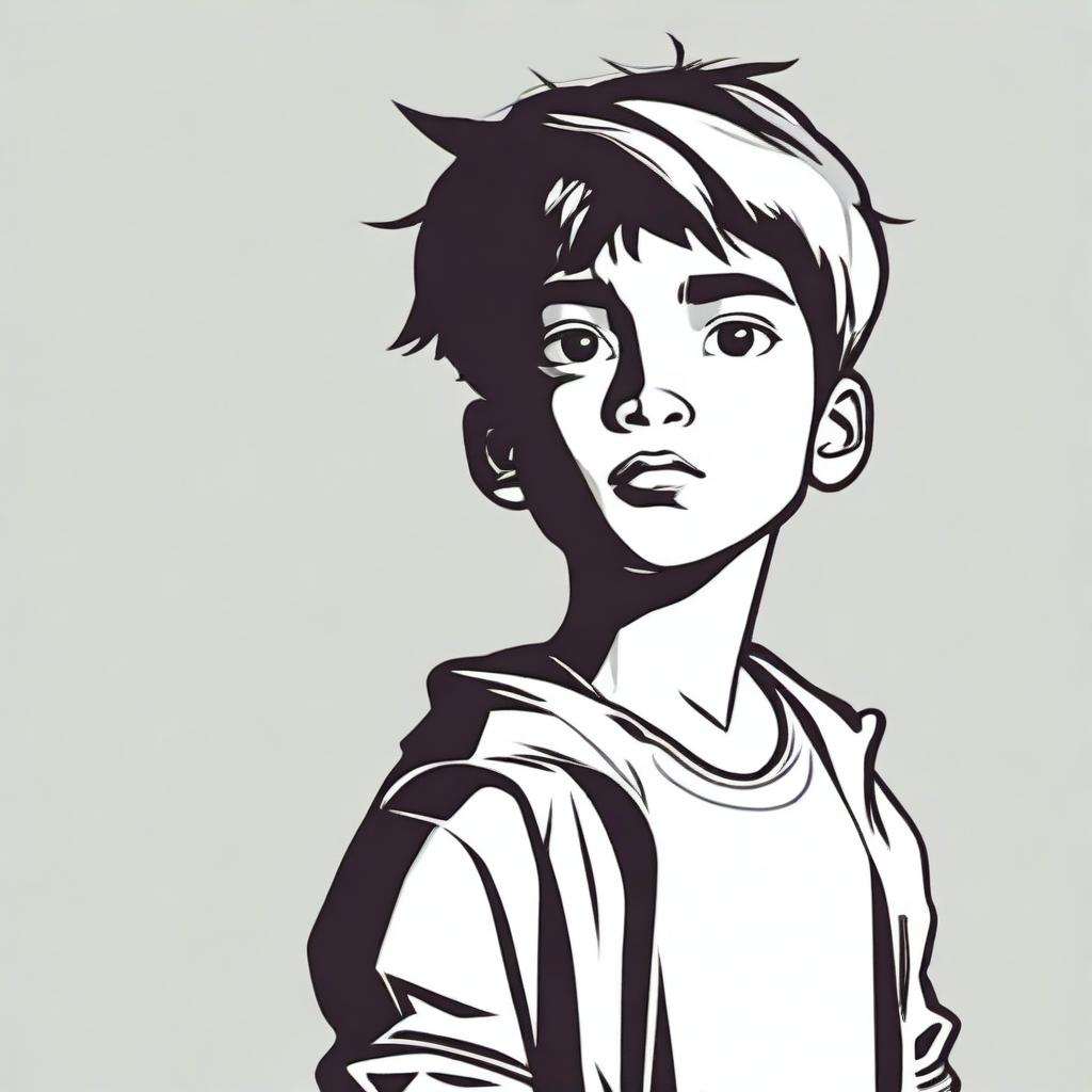 A detailed image of a boy standing and turning to look over his shoulder with a serious expression on his face