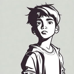 A detailed image of a boy standing and turning to look over his shoulder with a serious expression on his face