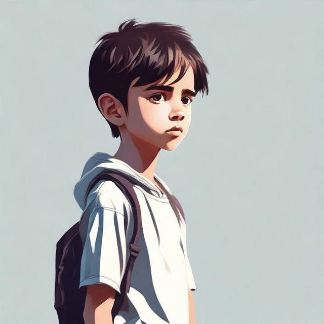 A detailed image of a boy standing and turning to look over his shoulder with a serious expression on his face