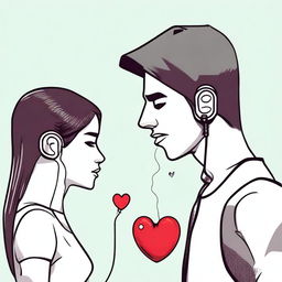 A woman is listening to a man's heart using an earphone that is plugged into the man's chest