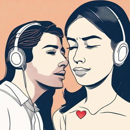 A woman is listening to a man's heart using an earphone that is plugged into the man's chest