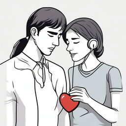 A woman is listening to a man's heart using an earphone that is plugged into the man's chest