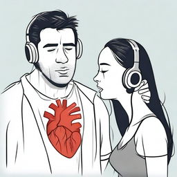 A woman is listening to a man's heart using an earphone that is plugged into the man's chest