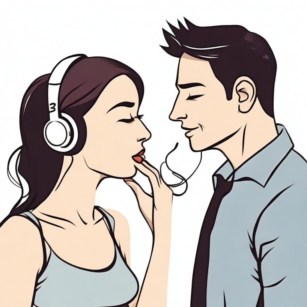 A woman is listening to a man's heart using an earphone that is plugged into the man's chest