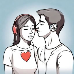 A woman is listening to a man's heart using an earphone that is plugged into the man's chest