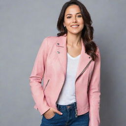 A woman wearing a stylish pink leather jacket.