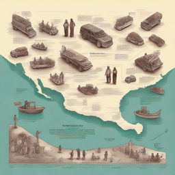 A detailed illustration depicting the journey of immigration from Mexico to the United States