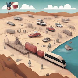 A detailed illustration depicting the journey of immigration from Mexico to the United States