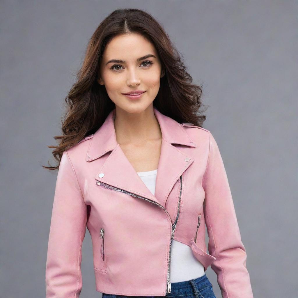 A woman wearing a stylish pink leather jacket.