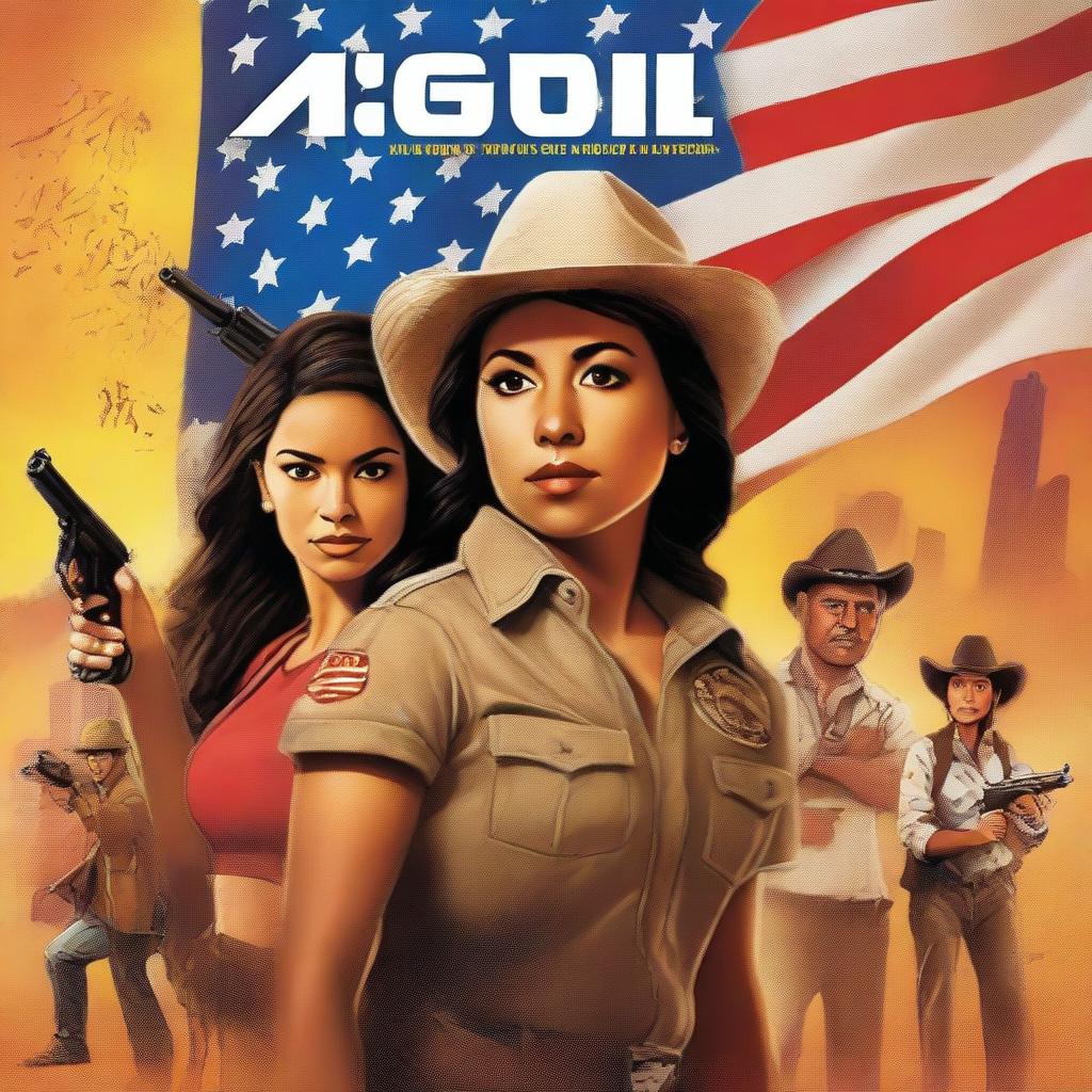 Create an action-packed movie poster featuring Latinos and Latinas moving to the US