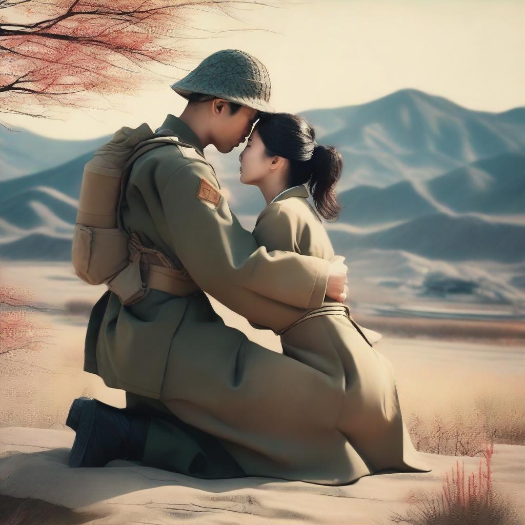 A touching scene depicting a Korean soldier embracing a kneeling Korean woman