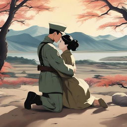 A touching scene depicting a Korean soldier embracing a kneeling Korean woman