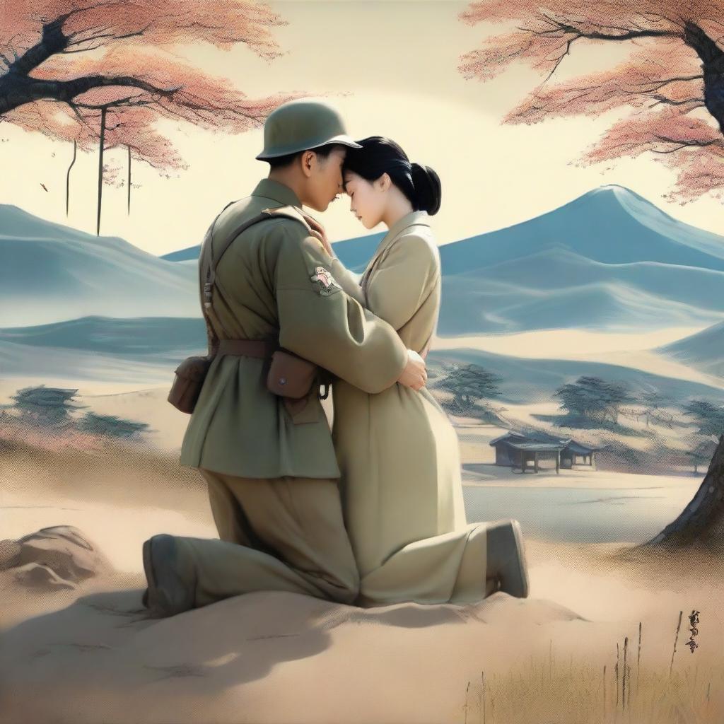 A touching scene depicting a Korean soldier embracing a kneeling Korean woman