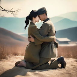 A touching scene depicting a Korean soldier embracing a kneeling Korean woman