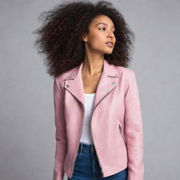 A woman wearing a stylish pink leather jacket.