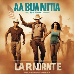 Create an action-packed movie poster titled 'La Ruta Norte: The Journey North' featuring Latinos and Latinas moving to the US