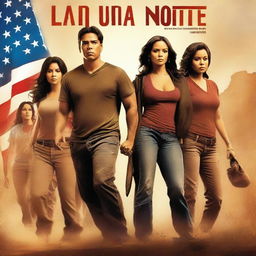 Create an action-packed movie poster titled 'La Ruta Norte: The Journey North' featuring Latinos and Latinas moving to the US